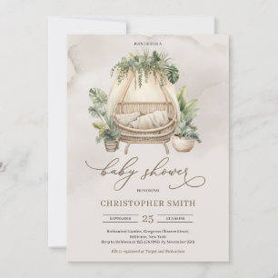 Boho tropical greenery and beige baby crib invitation