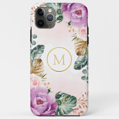 Boho Tropical Greenery Blush Floral Monogram iPhone 11 Pro Max Case