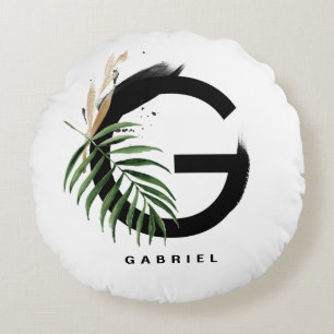 Boho Tropical Greenery Letter G Monogram Round Pillow