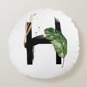 Boho Tropical Greenery Letter H Monogram Round Pillow