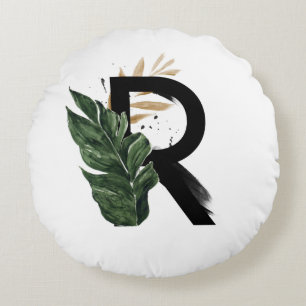 Boho Tropical Greenery Letter R Monogram Round Pillow