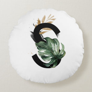 Boho Tropical Greenery Letter S Monogram Round Pillow