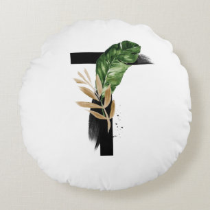 Boho Tropical Greenery Letter T Monogram Round Pillow