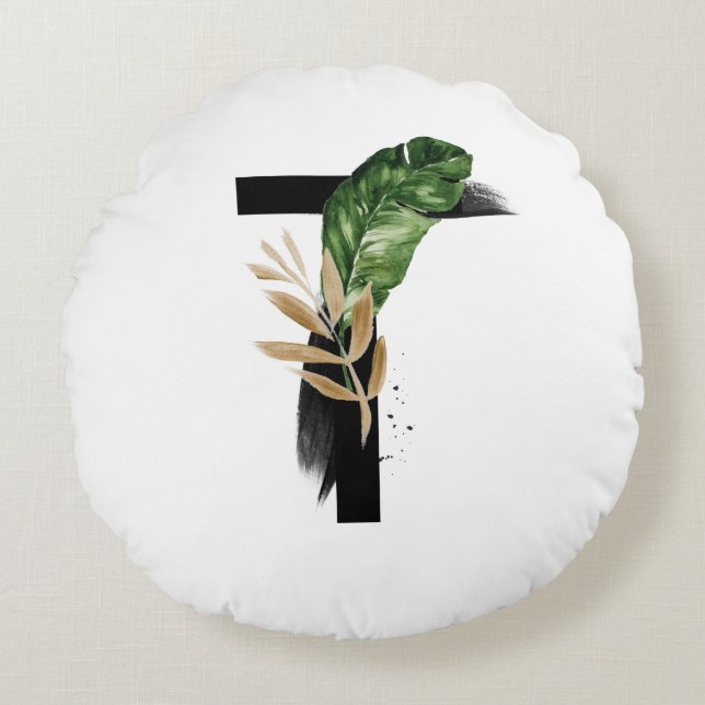 Boho Tropical Greenery Letter T Monogram Round Pillow (Front)