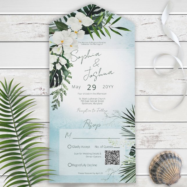 Boho Tropical Greenery Modern Aqua QR Code All In One Invitation (Creator Uploaded)