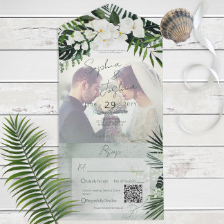 Boho Tropical Greenery Modern Photo QR Code All In One Invitation