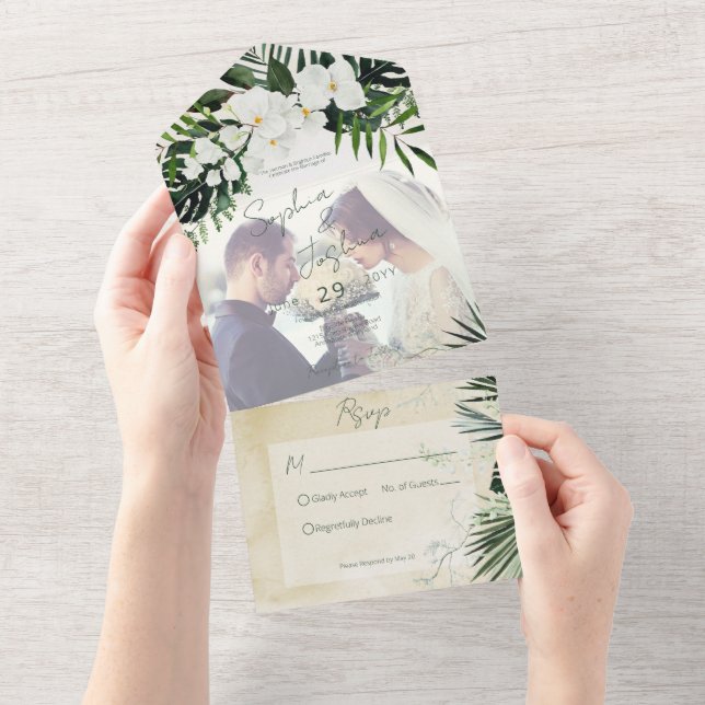 Boho Tropical Greenery Modern Sand Photo CUSTOM All In One Invitation (Tearaway)