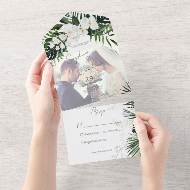 Boho Tropical Greenery Modern White Photo Wedding All In One Invitation (Tearaway)
