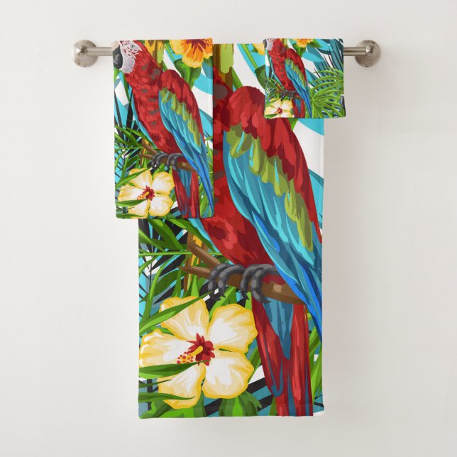 Boho tropical Hawaiian jungle pattern Hibiscus Bath Towel Set (Insitu)