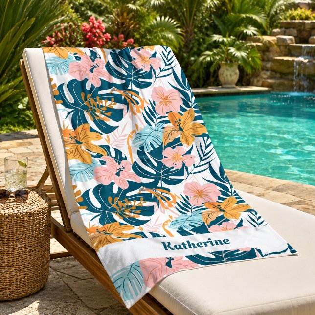 Boho Tropical Leaves Flowers Beach Towel (Creator Uploaded)