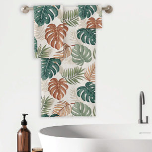 Boho Tropical Leaves Pattern Rust Green Beige Bath Towel Set
