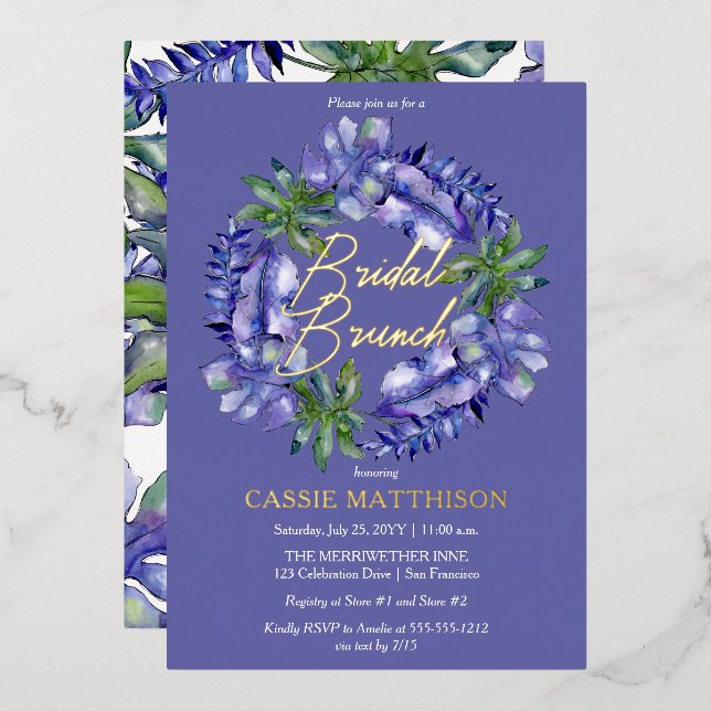 Boho Tropical Leaves Peri | Green Bridal Brunch  Foil Invitation (Front/Back)