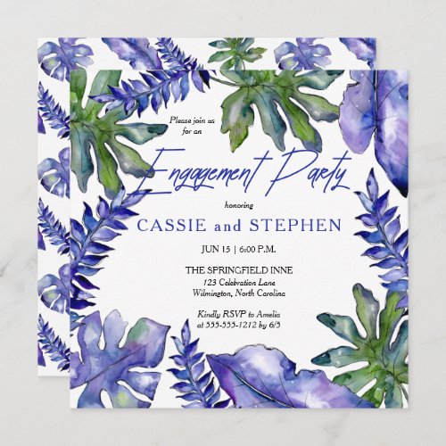 Boho Tropical Leaves Purple Green Engagement Party Invitation