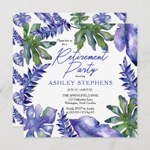 Boho Tropical Leaves Purple Green Retirement Party Invitation