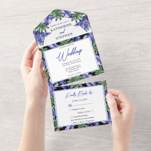 Boho Tropical Leaves Purple Green Wedding All In One Invitation