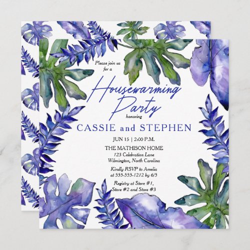 Boho Tropical Leaves Purple Housewarming Party Invitation