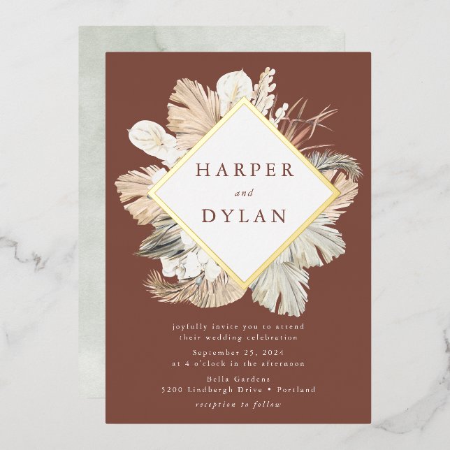 Boho Tropical Love Diamond Frame Wedding Gold Foil Invitation (Front/Back)