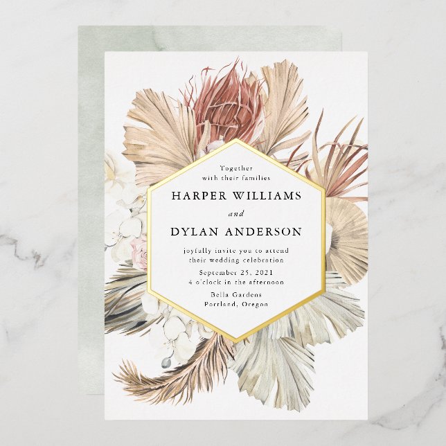 Boho Tropical Love Wedding Gold Foil Invitation (Front/Back)
