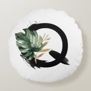 Boho Tropical Monstera Leaf Letter Q Monogram Round Pillow