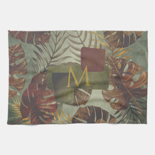 Boho tropical monstera palm leaf 70's summer kitchen towel