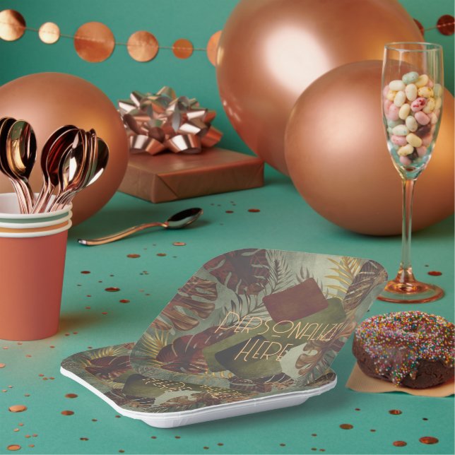 Boho tropical monstera palm leaf 70's summer  paper plates (Multi)