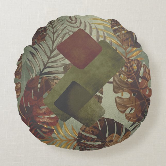 Boho tropical monstera palm leaf 70's summer  thr round pillow (Front)