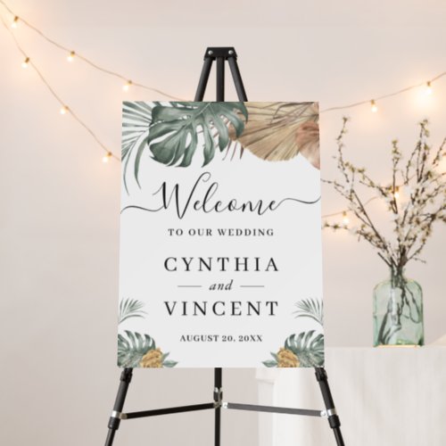Boho Tropical Monstera Wedding Sign Foam Board - Boho Tropical Monstera Leaves Wedding Welcome Sign Foam Board. 
(1) The default size is 18 x 24 inches, you can change it to other size.  
(2) For further customization, please click the "customize further" link and use our design tool to modify this template.