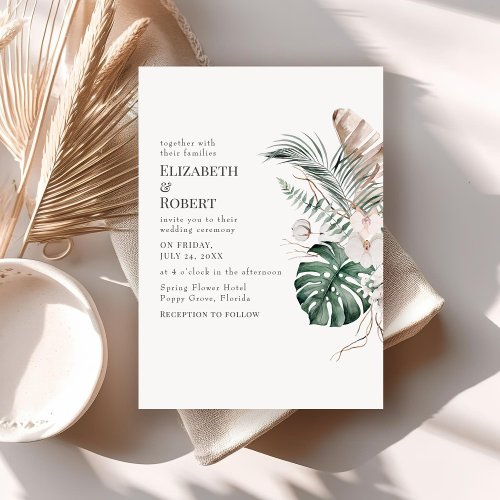 Boho Tropical Orchid and Monstera Wedding Invitation