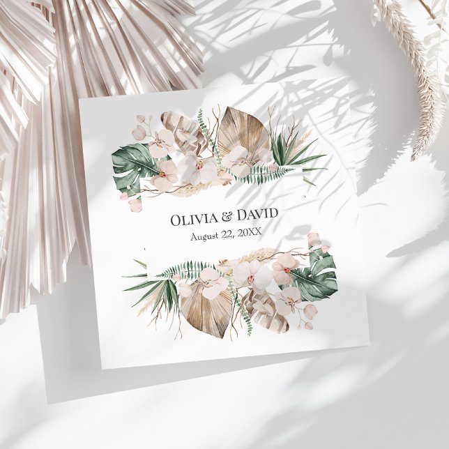 Boho Tropical Orchid and Monstera Wedding Paper Dinner Napkins (Boho Tropical Orchid and Monstera Wedding Paper Napkin on a sunny white table.)