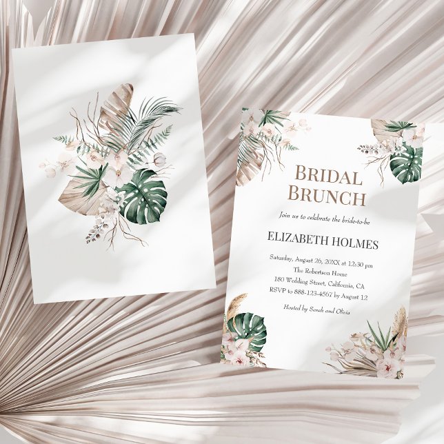 Boho Tropical Orchid Bridal Brunch Invitation (Boho Tropical Orchid Bridal Brunch Invitation on a sunny neutral dry palm leaf.)