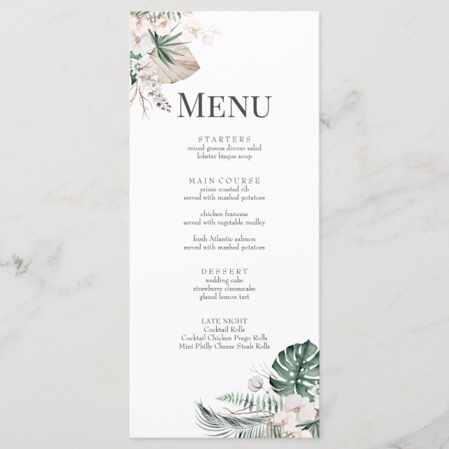 Boho Tropical Orchid & Monstera Wedding Menu Card (Front)