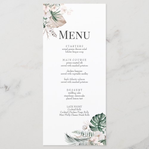 Boho Tropical Orchid  Monstera Wedding Menu Card