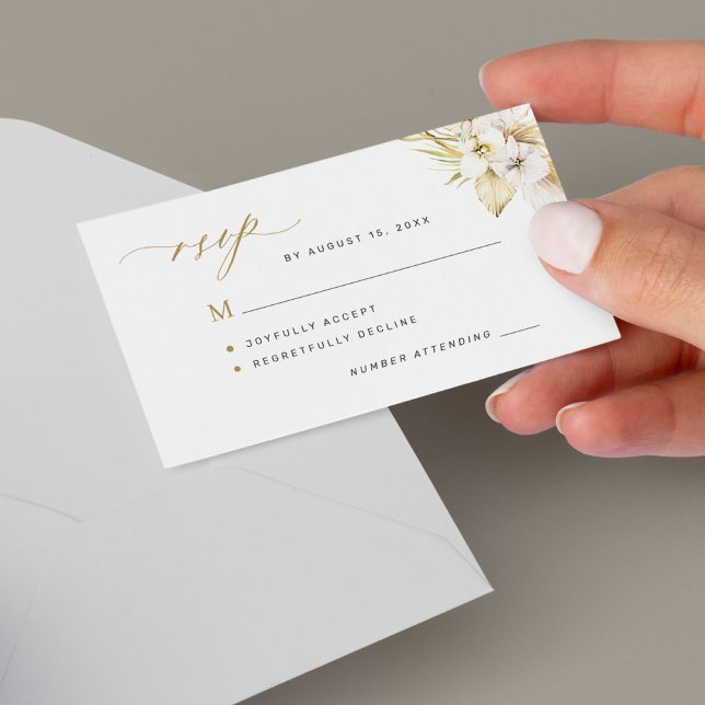 Boho tropical orhid gold script wedding RSVP Note Card (Creator Uploaded)