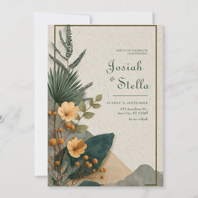 Boho Tropical Palm Leaf Terracotta Floral Wedding Invitation (Front)