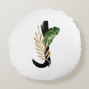 Boho Tropical Palm Leaves Letter J Monogram Round Pillow