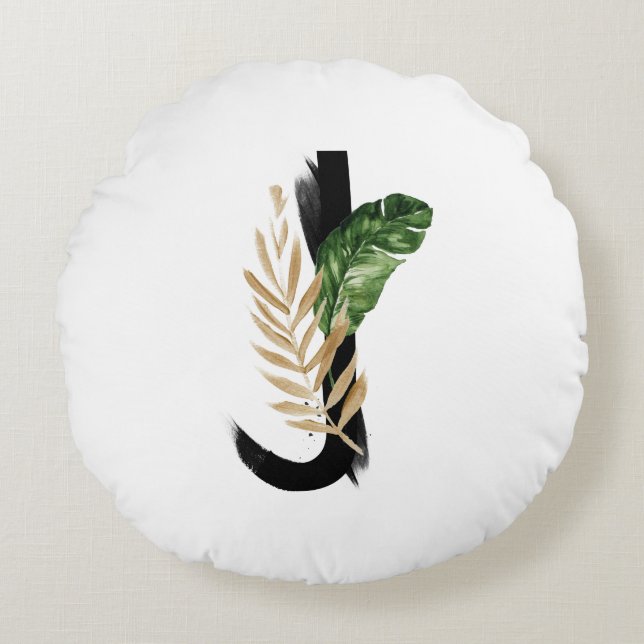 Boho Tropical Palm Leaves Letter J Monogram Round Pillow (Front)