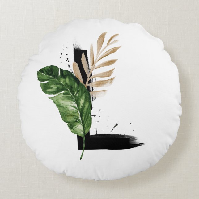 Boho Tropical Palm Leaves Letter L Monogram Round Pillow (Front)