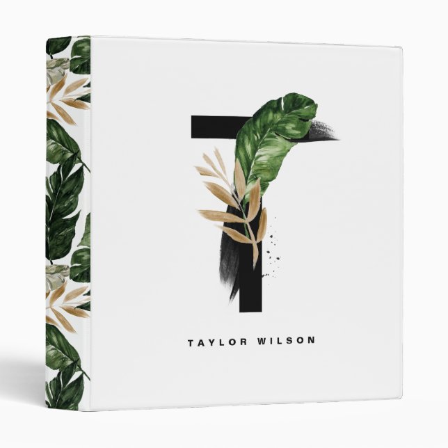Boho Tropical Palm Leaves Letter T Monogram 3 Ring Binder (Front/Spine)