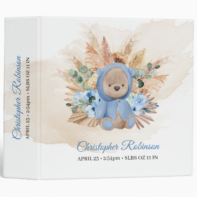 Boho tropical pampas boy teddy bear baby shower 3 ring binder (Front/Spine)