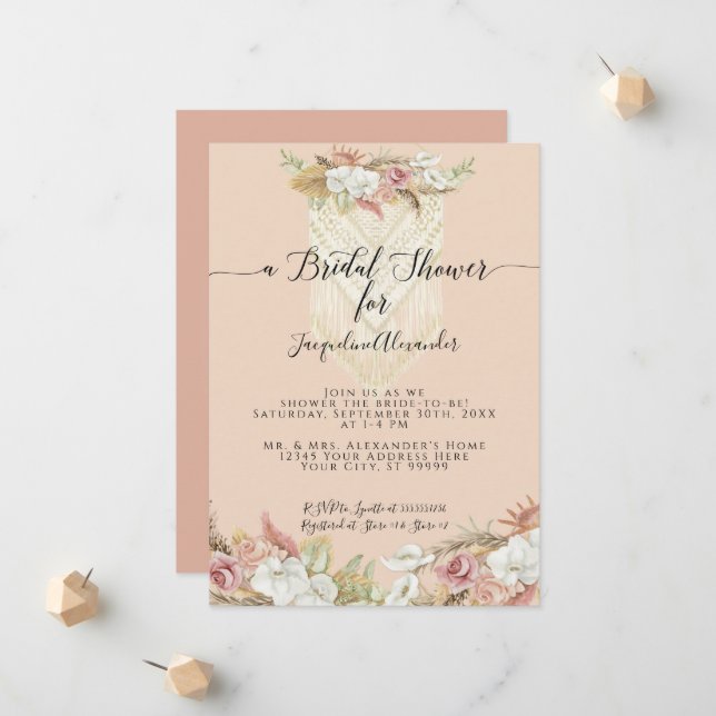 Boho Tropical Pampas Grass Floral Bridal Shower Announcement (Front/Back In Situ)