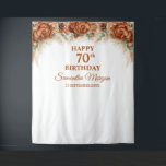 Boho tropical pampas grass palm 70th birthday tapestry<br><div class="desc">Boho tropical pampas grass palm 70th birthday backdrop tapestry party banner, This trendy popular design is perfect for all boho or tropical style Events. Design is featured watercolor hand painted pampas grass reeds mixed dried palm leaves mixed terracotta flowers and mixed burnt orange roses mixed copper flowers desert roses and...</div>
