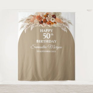 Boho tropical pampas grass palm birthday backdrop
