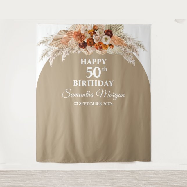 Boho tropical pampas grass palm birthday backdrop (Front)