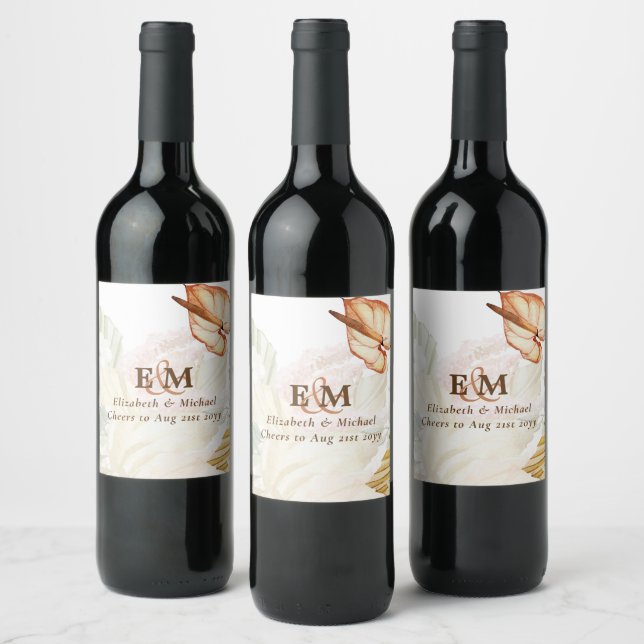 BOHO Tropical Pampas Grass Wedding Wine Label (Bottles)