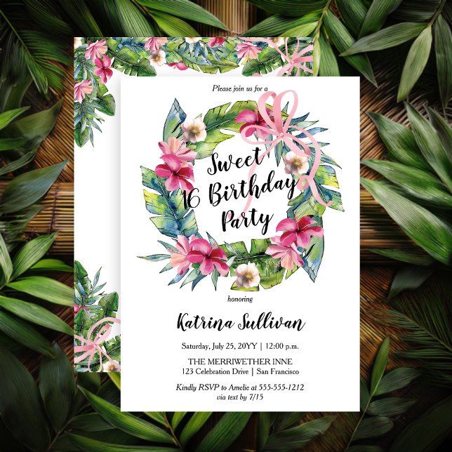 Boho Tropical Pink Floral Sweet 16 Birthday Party Invitation (Boho Tropical Leaves Hibiscus Floral Wreath with Coquette Pink Bow Sweet 16 Birthday Party Invite)