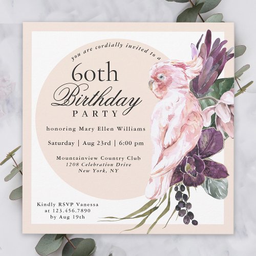 Boho Tropical Pink Parrot Floral 60th Birthday Invitation