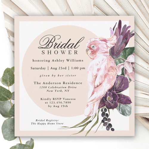 Boho Tropical Pink Parrot Floral Bridal Shower Invitation