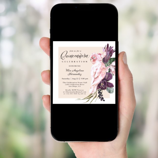 Boho Tropical Pink Parrot Floral Quinceanera Invitation (Front Digital)