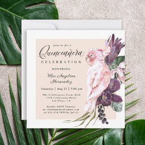 Boho Tropical Pink Parrot Floral Quinceanera Invitation