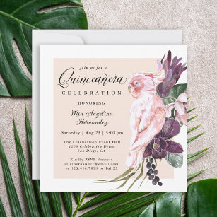 Boho Tropical Pink Parrot Floral Quinceanera Invitation